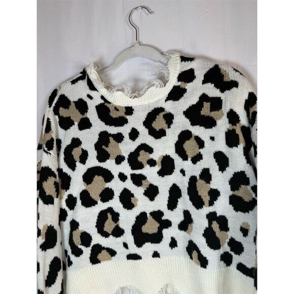 Just Polly Sweater Womens Small Ivory Leopard Print Distressed - Picture 8 of 11